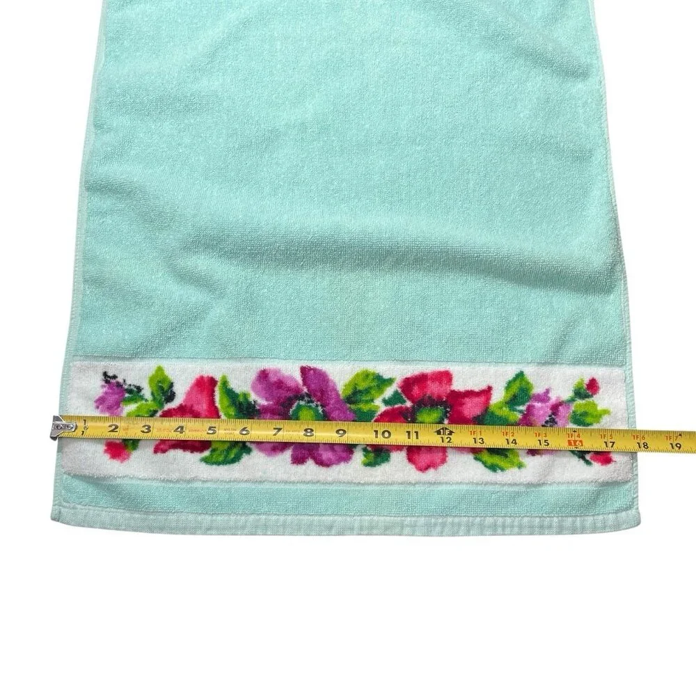 Vintage Teal Floral Hand Towel Indanthren Spring Flowers 18”x35”
